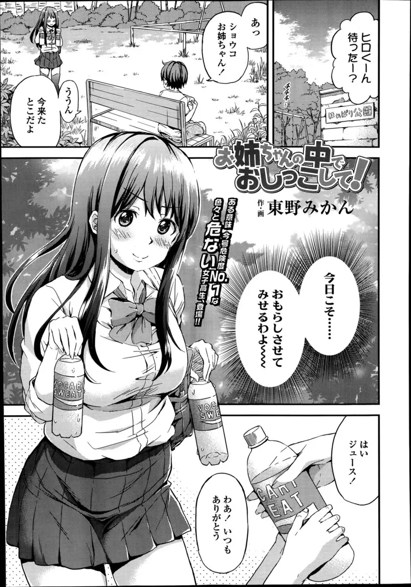 【エロ漫画】ショタコンでおしっこが大好きなド変態JKのお姉さんが、利尿剤でお漏らしをさせて、さらにおちんちんをフェラチオしちゃう。おしっこ味のおちんちんを愉しんだら、青姦エッチでパイパンマンコに挿入させて、普通の筆おろしだけじゃなくおマンコにも放尿させちゃった