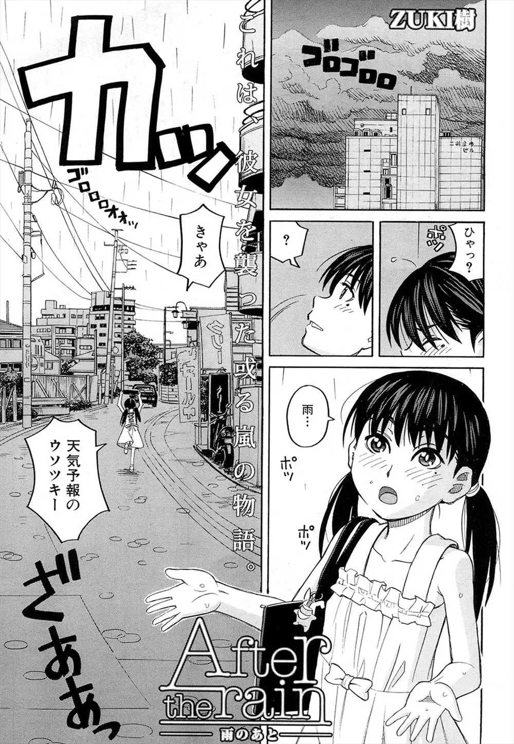 【エロ漫画】雨でびしょ濡れになった透け乳首の貧乳つるぺたJSロリが、大好きな男の子との甘いひと時から一転、おじさんに捕まりレイプされる。おしっこをお漏らしするほど怯える彼女は、イラマチオでザーメンまみれにされて、パイパン処女マンコを凌辱されて、オナホみたいに何度も中出しされ、朝まで青姦レイプで種付けされてしまった